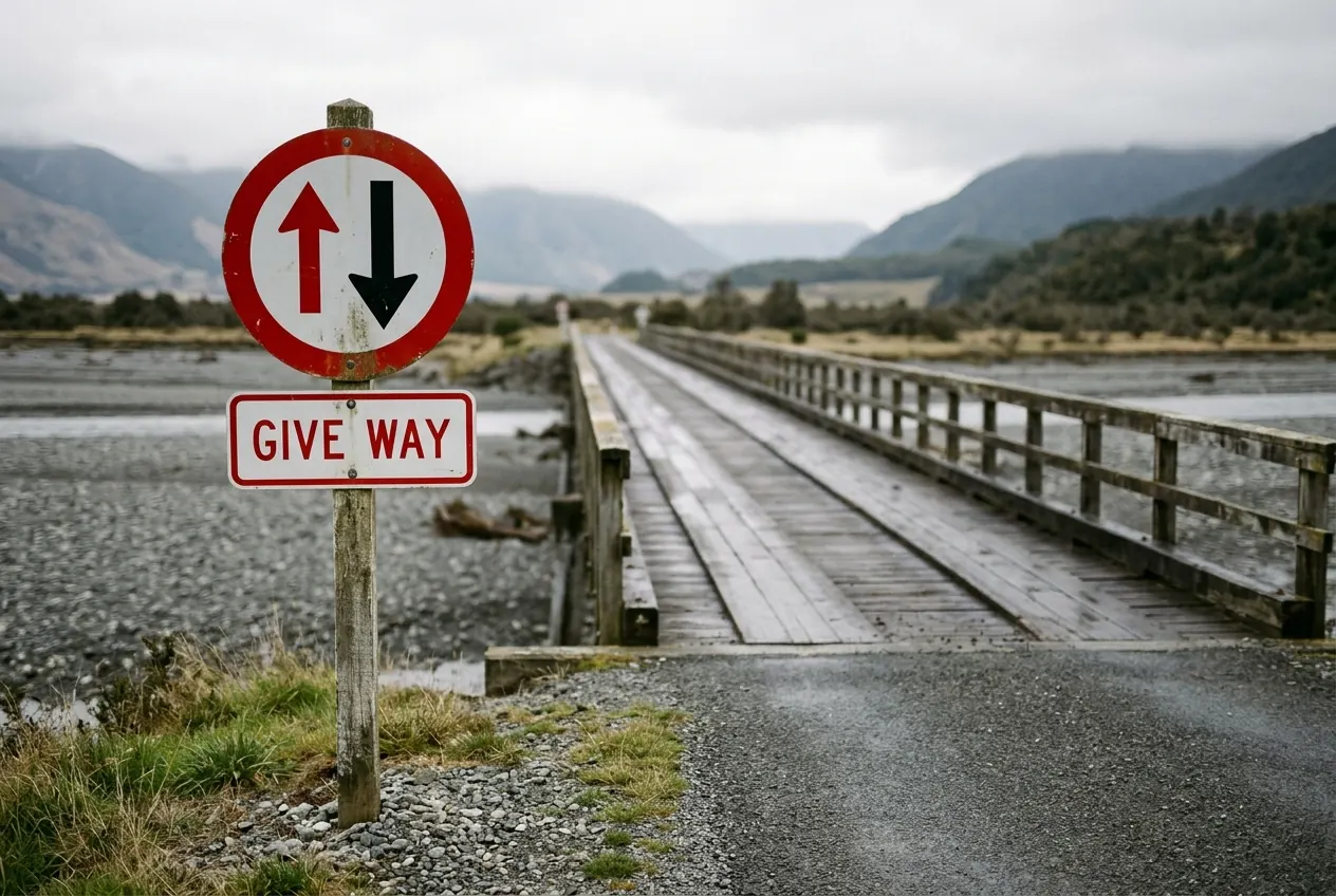 A give way sign at the end of a single-lane bridge over a braided river