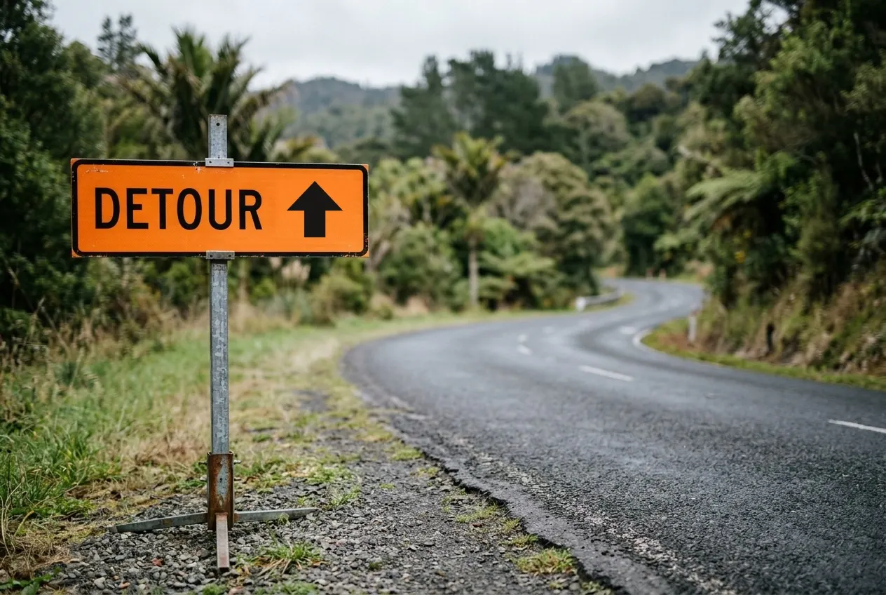 A detour sign pointing straight ahead beside a winding country road