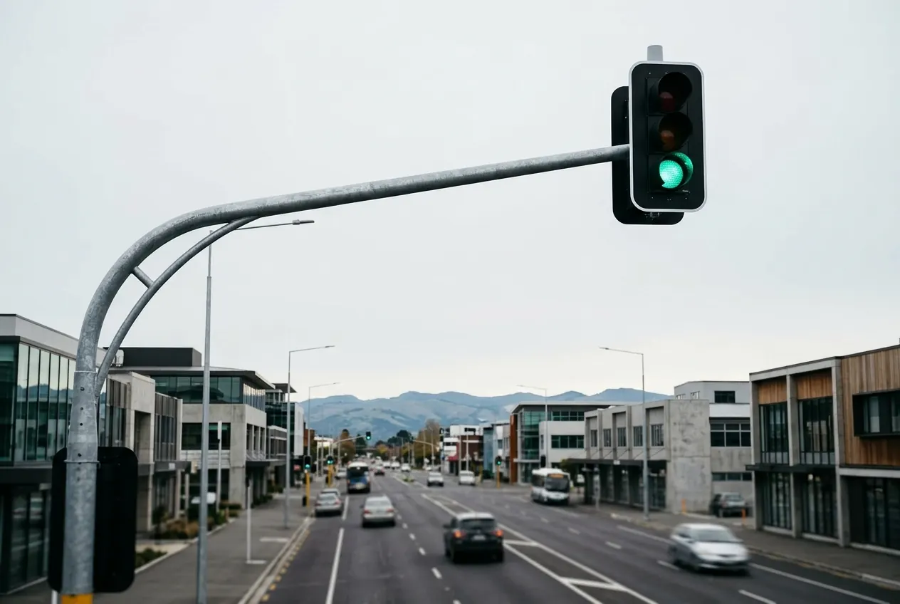 A green traffic light on a tall mast arm over a wide Christchurch road, with hills behind