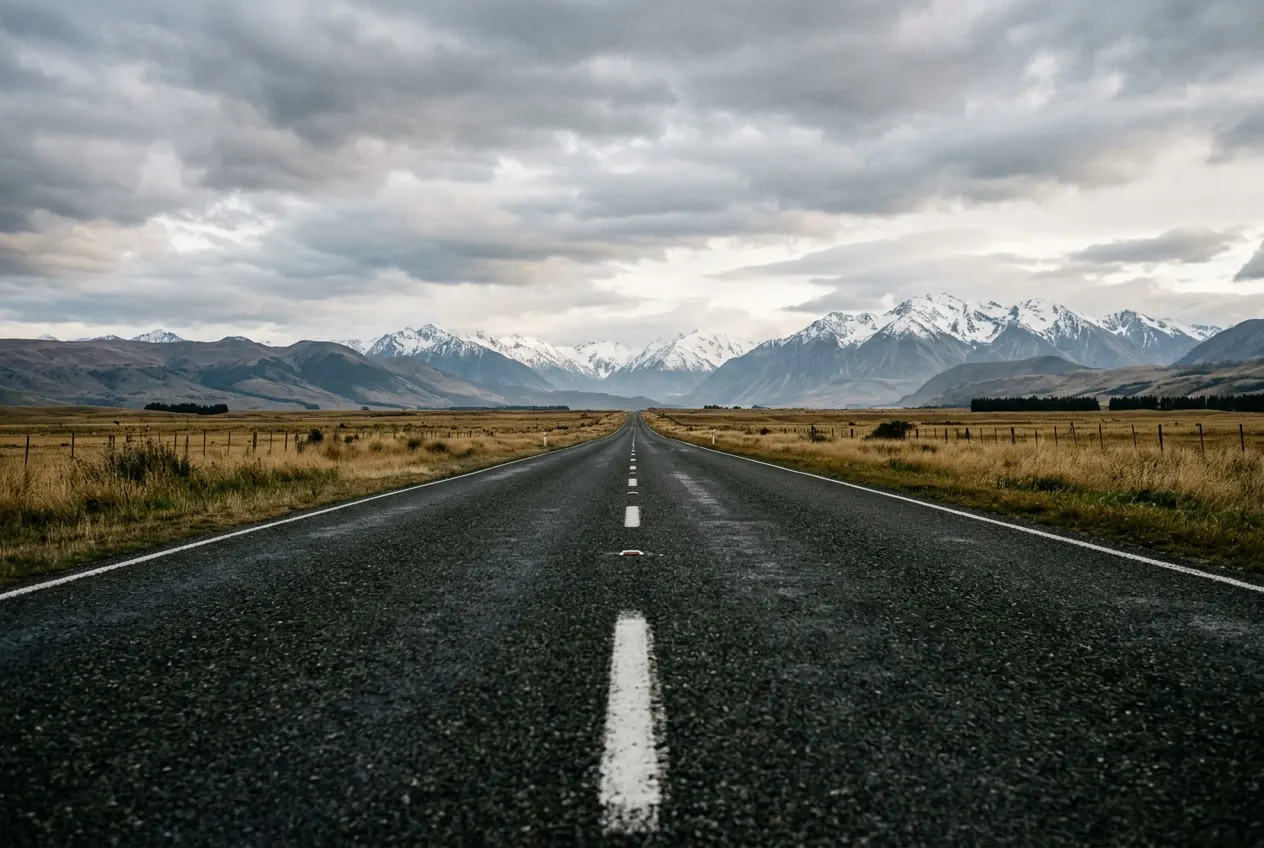 A quiet road across the Canterbury plains towards the Southern Alps